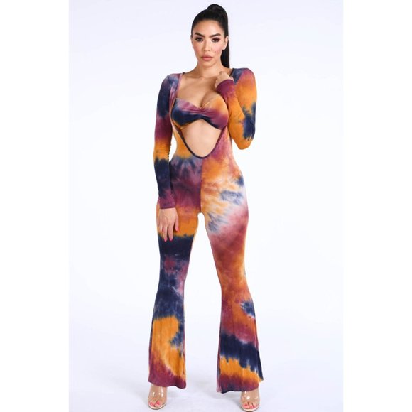 Boutique Pants - Women's Sexy Open Front Jumpsuit Multicolor Tie Dye Clubwear Party Jumpsuit